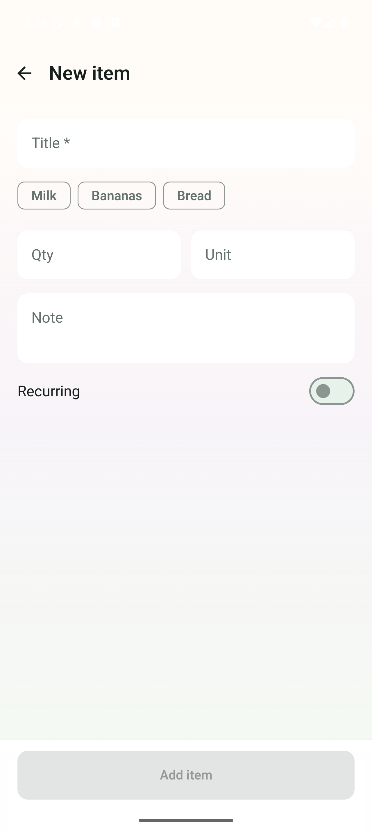 Convy form for adding a household item