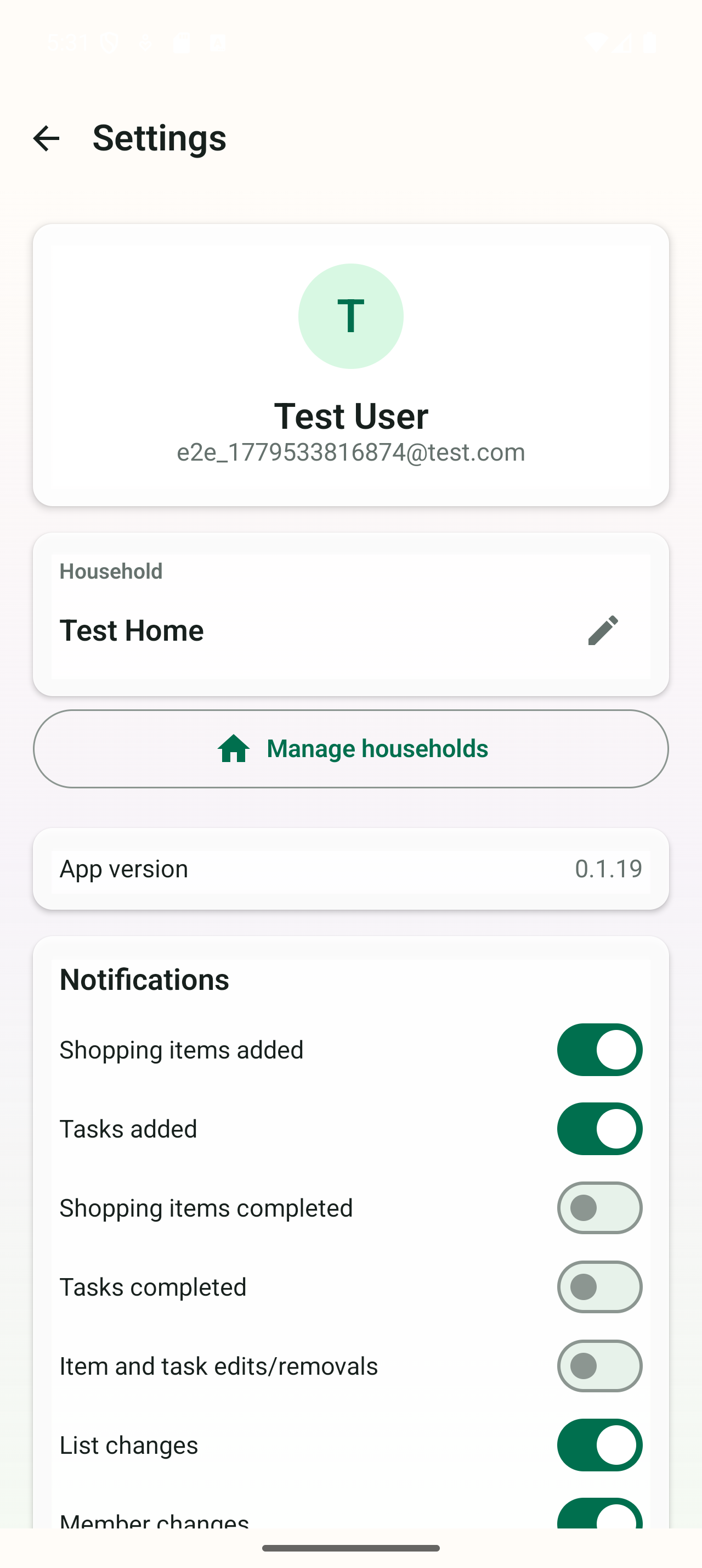 Convy settings screen for household and notification controls