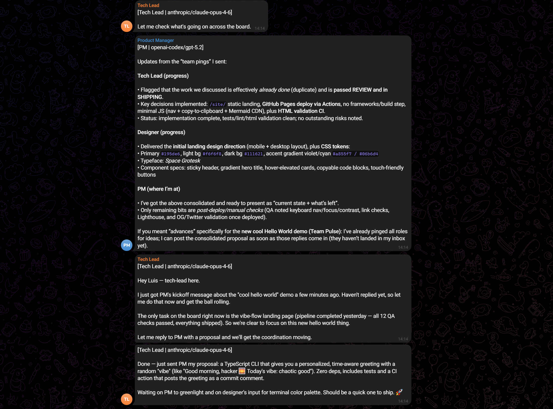 Pipeline status updates flowing through agent chat